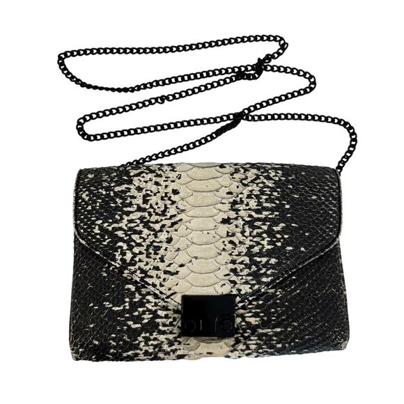 Loeffler Randall Snake Python Embossed Crossbody Chain Bag Black Cream w Mirror - Picture 1 of 11